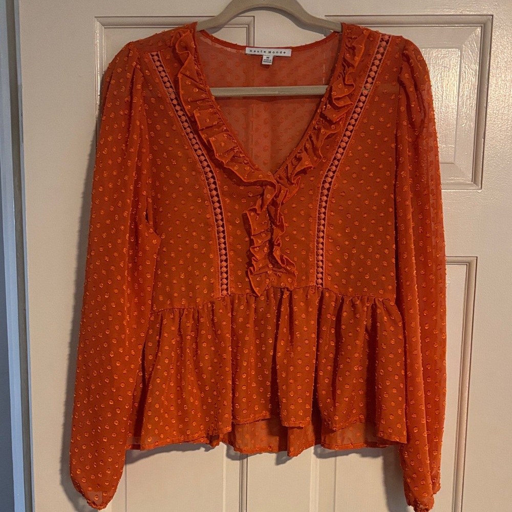 Haute Monde Orange Swiss Dot Ruffle Peplum Blouse